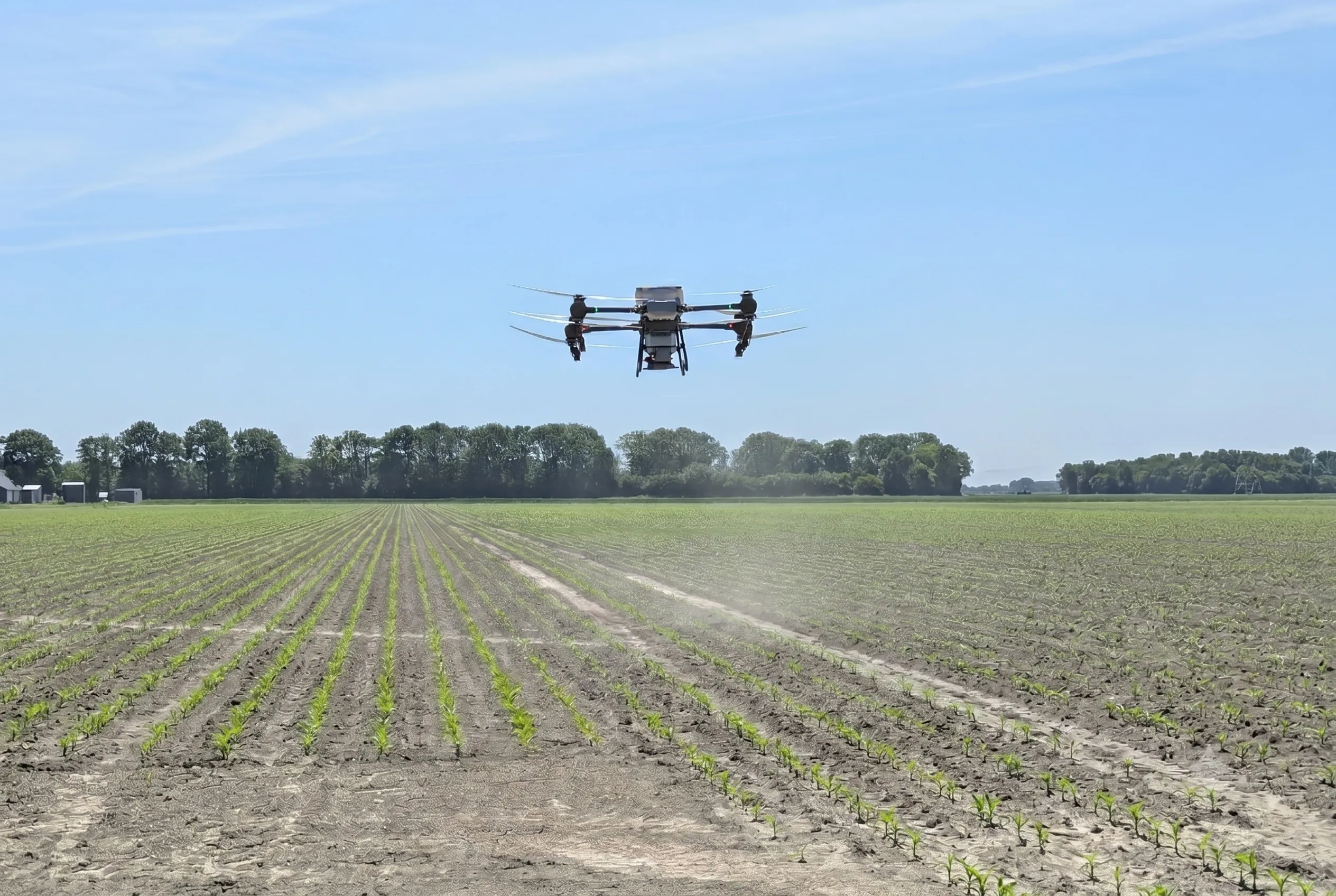 Landbouw-sproeidrone in bedrijf boven een jong gewasperceel